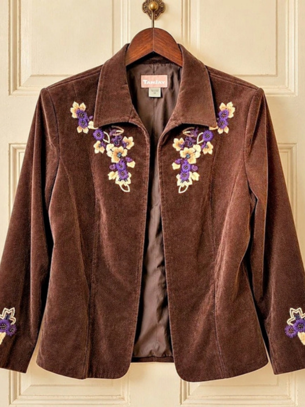 TanJay 12 Brown Embroidered Beaded Corduroy Blazer Boho PTP 21.5